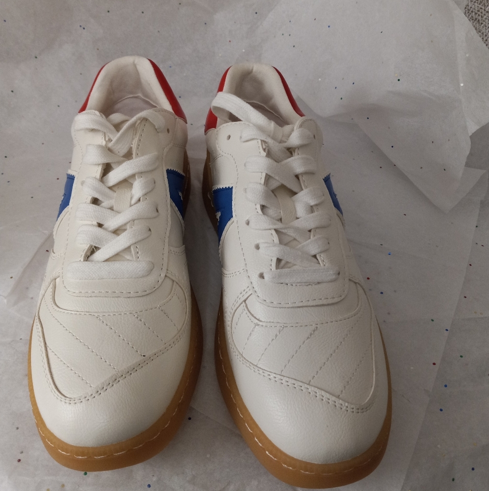 White Sneakers with Blue and Red Accents